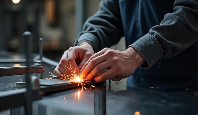 Worker inspecting a steel chair joint